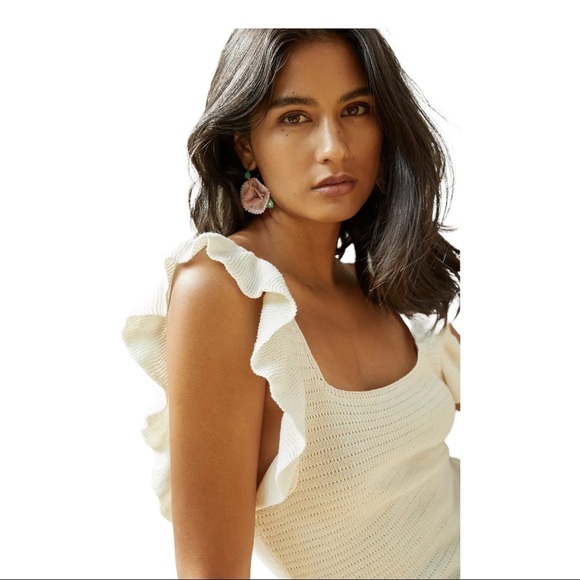 House of Harlow 1960 Ruffled Pointelle Knit Mini Dress Ivory Flirty Romantic L - Picture 2 of 9